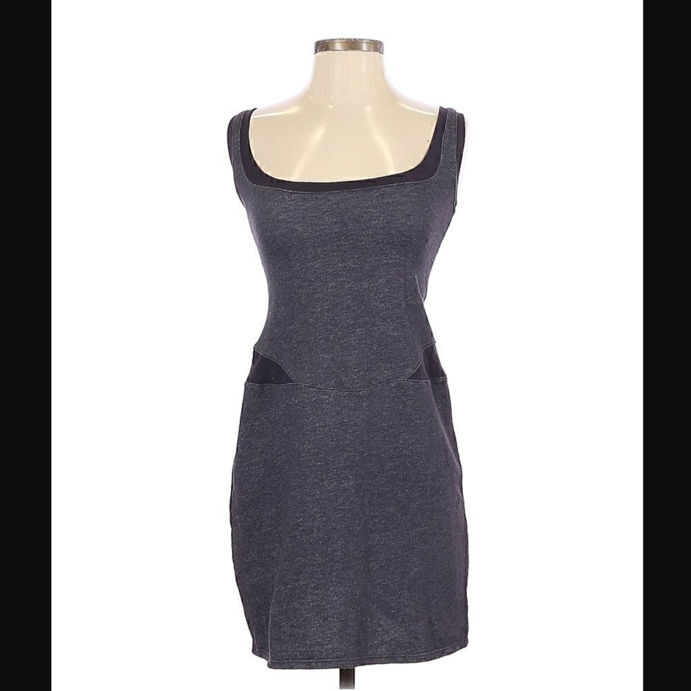 Monrow Dress S Scoop Neck Bodycon Mesh Insert Blue Luxury Party Trip Thick Knit